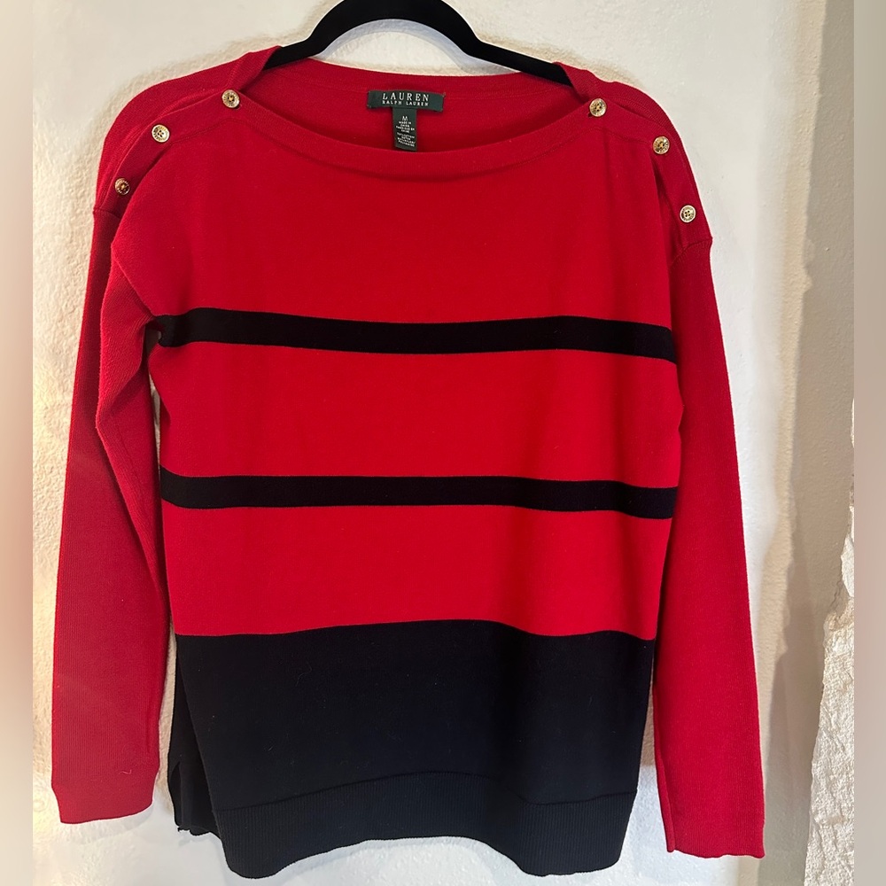 Ralph Lauren Red and Black With Gold Buttons Women's Sweater (M)